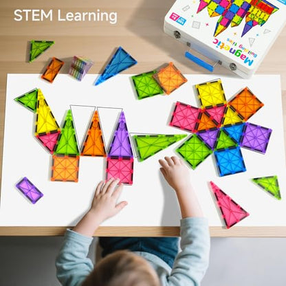 Premium Magnetic Tiles 100pcs: Durable STEM Building Blocks Kids 3-8 | Iron case with handle, lid as play base. 7.5cm tiles, sealed, ASTM & CPSIA safe. Montessori STEM for preschool. Gift 3-8 - size: 100 PCS