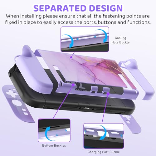 FUNDIARY Travel Carrying Case for Nintendo Switch 2 with Purple Marble Design, Cute Accessories with Portable Storage Bag, Dockable Protective Cover, Screen Protector, Shoulder Strap and 2 Thumb Caps