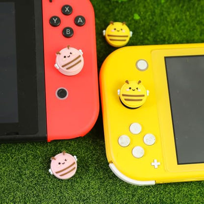 Switch Joycon Thumb Grips Caps, 4 PCS Cute Kawaii 3D Silicone Analog Thumbstick Button Cover Compatible with Nintendo Switch Lite/OLED Joystick Caps (Pink+Yellow Bee) - color: Pink+Yellow Bee