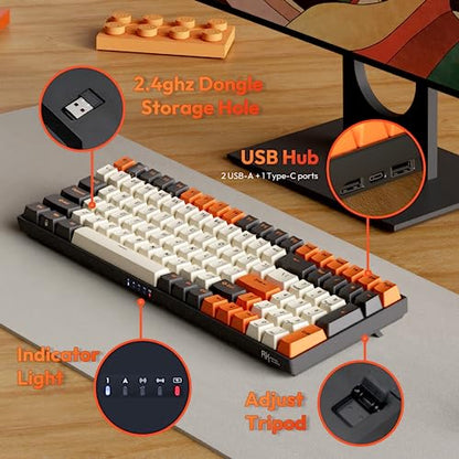 RK ROYAL KLUDGE RK100 Wireless Mechanical Keyboard RGB Backlit Bluetooth5.1/2.4G/Wired 96% Full Size 100-Key Hot Swappable Gaming Keyboard Blue Switch Carbon | 96% Full Size Keyboard with Number Pad, 2.4Ghz/BT/Wired, Hot Swappable PCB, 3750mAh battery, RG