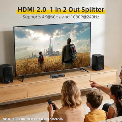 4K HDMI Splitter 1 in 4 Out (Mirror Only) – HDMI 2.0 4K@60Hz, 1080p@240Hz | Auto Downscaling, EDID, 18Gbps, HDCP 2.3, Duplicate 1 Source to 4 Displays for TV, Monitor, Projector, PS5, Xbox
