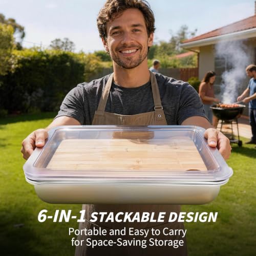 Grilling Prep and Serve Trays, Stainless Steel Large Capacity Food Prep Tray, Grill Carry System, Marinade Container with Lid and Cutting Board, BBQ Grill Accessories, Grilling Gifts for Men