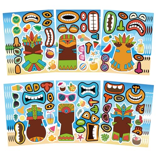 Summer Stickers, Make a Tiki Face Sticker, Tropical Hawaiian Stickers | 24 Sheets Make Your Own Tiki Sticker for Kids Summer Luau Party Favors Decoration - style: Tiki