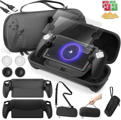 14 in 1 Carrying Case for PS5 Portal, Travel kits Accessoris Set Compatible with Playstation Portal(Crossbody bag), Soft Silicone Protective Cover, 2X 9H Shatterproof Tempered Glass Screen Protector, 4 Silicone Caps, Ps Portal Accessories