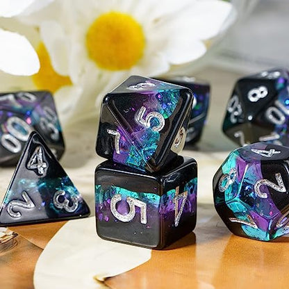Foil DND Dice Set Black Polyhedral Dice Set D&D for Tabletop Games | Leather Storage Bag, DM Gift, for Dungeons and Dragons Role Playing Games - color: Black/Blue/Purple