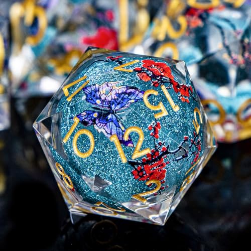 Butterfly DND Dice Blue Liquid Core Dice Set with Metal Box, Handmade Sharp Edge D and D Polyhedral Dice for use with D&D Role Playing Game, D20 D12 D10 D8 D6 - color: Qs-15