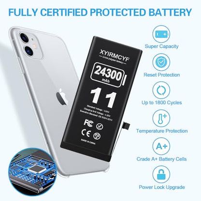XYIRMCYF 24300mAh Super Capacity Battery Compatible with iPhone 11, 0 Cycle Li-Polymer Replacement Battery for iPhone 11, with Professional Repair Tool Kit - color: 11-24300