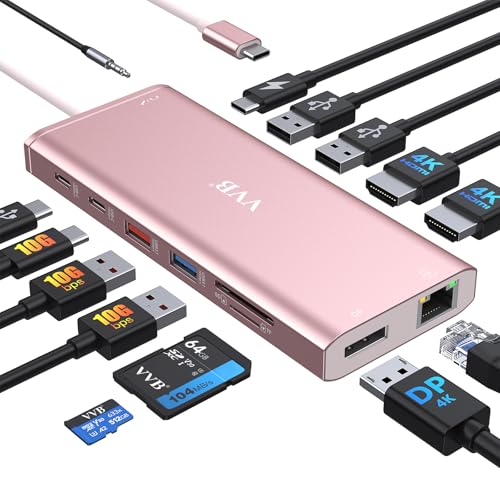 USB C Laptop Docking Station Dual Monitor HDMI for Dell/Lenovo/HP Laptop 14 in 1 USB C Hub Multiport Adapter Dongle Dock USB C to 2 HDMI 4K+DisplayPort+Ethernet+4USB+2USB C+100W PD Charger+SD/TF+Audio - color: Pink