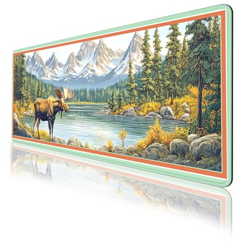 Moose Landscape Mouse Pad, Mountain Lake Gaming Desk Mat Waterproof Stitched Edges Rubber Base Non-Slip Deskmap Computer Keyboard Mat, 31.5x11.8in Desk Home Office Gaming - color: Moose Landscape, size: 31.5x11.8in