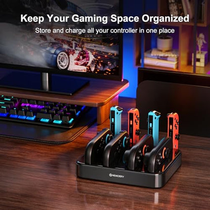 NEWDERY Controller Charger for Nintendo Switch 1/2 Joy Con, Charging Dock | 8 in 1 Fast Charging Station | Magnetic Snap | USB C Cable | LED Indicators | Organizer Stand Accessories | for Joy Con 2/1