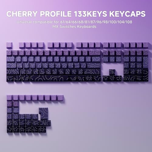 FunHub Shine Through PBT Keycaps - Purple Gradient Topographic Backlit Keycaps Set 133 Keys 60 65 75 100 Percent Cherry Profile,Side Printed Double Shot RGB Key Caps for MX Switches Gaming Keyboard - color: Purple