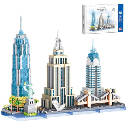 New York Skyline Micro Mini Blocks Building Set, The Statue of Liberty,Empire State Architecture Building, Brooklyn Bridge, Gift for Kids and Adults (3262 Pieces) - style: New York Skyline