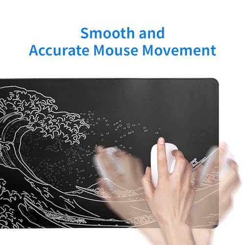 Japanese Gaming Mouse Pad Abstract Black Mouse Pad 31.5x11.8 Inch Black Sea Wave Texture Non-Slip Rubber Base Large Ocean Mousepad Stitched Edges Keyboard Mouse Mat Desk Pad for Office and Home - color: Sea Wave