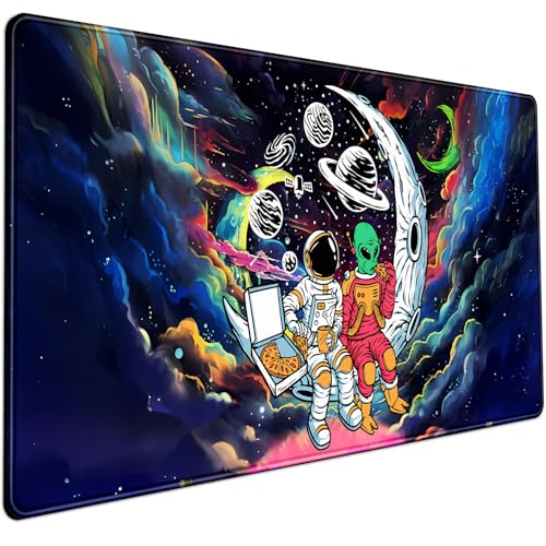 Funny Space Mouse Pad Desk Mat Astronaut Alien Large Gaming Mouse Pads Anime Desk Pad Mousepad XXL Cool Trippy Universe Extended Keyboard Mat with Stitched Edges Anti-Slip, 31.5 X 15.8 in - color: Blue Nebula