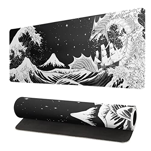 Black and White Japanese Wave Dragon Gaming Mouse Pad - Abstract Mat with Non-Slip Rubber Base, 31.5x11.8 Inch, Stitched Edges - Desk Pad for Office and Home - color: Japanese Waves Sea Dragon