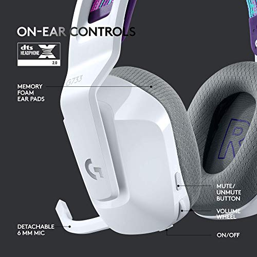 Logitech G733 Lightspeed Wireless Gaming Headset - White | Suspension headband, LIGHTSYNC RGB, Blue VO!CE mic technology, PRO-G audio drivers - color: White