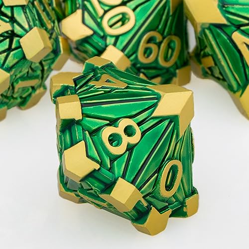 Metal DND Dice Set with Box, Debris RPG Green Golden D and D Dice for use with D&D Tabletop Games Role Playing Game Polyhedral Dice Set D20 D12 D10 D8 D6 D4 - color: Green Gold