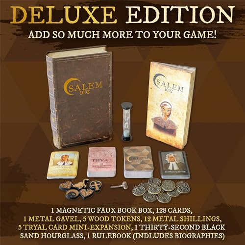 Facade Games Salem 1692 Deluxe Edition, Witch Hunt for 4-12 Players | Ages 14 and Up, Social Deduction Game, Deluxe Upgrades: Metal Gavel, Wood Tokens & Shillings - style: Deluxe Salem 1692