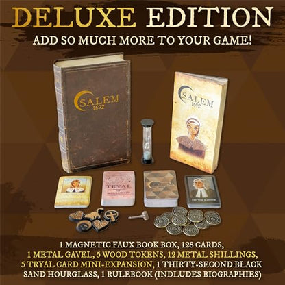 Facade Games Salem 1692 Deluxe Edition, Witch Hunt for 4-12 Players | Ages 14 and Up, Social Deduction Game, Deluxe Upgrades: Metal Gavel, Wood Tokens & Shillings - style: Deluxe Salem 1692