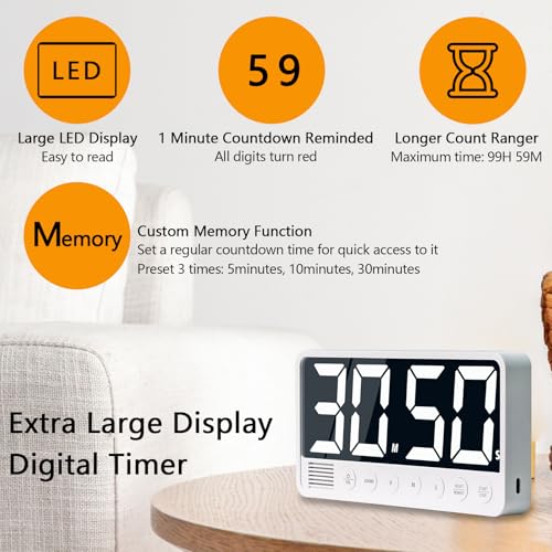 Digital Kitchen Timer with 7.1” Extra Large Display, Rechargeable Magnetic LED Countdown/Up Memory Timer with 6 Alarms & 4 Volume Levels for Cooking, Classroom, Office, Home Gym (White) - color: White