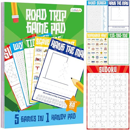 Road Trip Game Pad, 80 Perforated Sheets Travel Activity Pad, 5 Games in 1 Pad, Plane, Car Trip Activity, Pen Pencil & Paper Game for Kids, Adults (6” x 9”) - style: Trip Activity