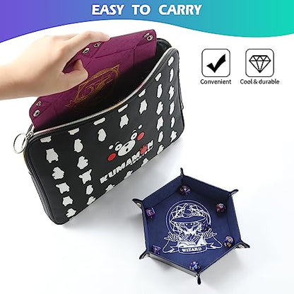 Grajar 6 Pcs DND Dice Tray with Characters Pattern for RPG D&D Table Games - Folding PU Leather and Velvet Rolling Holder Storage Box - color: Character Series 2