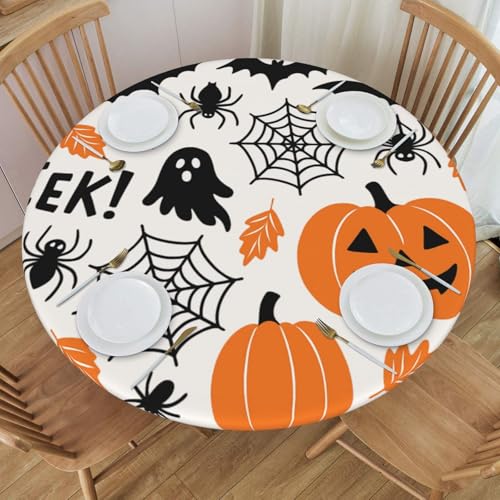 Famame Halloween Spider Webs Pumpkins Round Fitted Tablecloth with Elastic Protector Table Kitchen Dinner Waterproof Oil-Proof Table Covers Fits 40"-44", Small - color: Halloween Spider Webs Pumpkins, size: Small (40"-44")