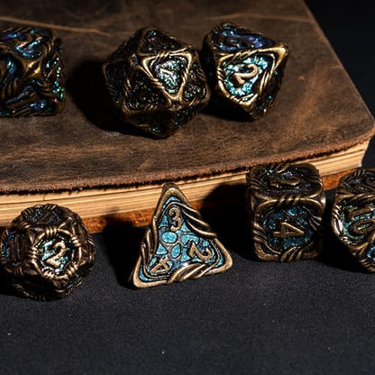 7-Die Metal DND Dice Set Role Playing Dice for RPG Table Games | Vine Design PU Leather Pouch for Dungeons and Dragons - color: Vine-bronze Color-changing