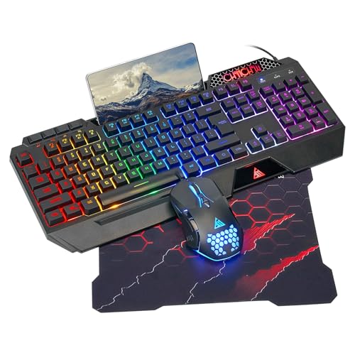 CHONCHOW Gaming Keyboard and Mouse Combo, Wired RGB Set for PC PS4 PS5 Xbox | Phone Holder, Ergo Wrist Rest, Full Size, Anti-Ghosting, USB Silent Light Up Keyboard, 7D 7200DPI Gaming Mouse, Mouse Pad