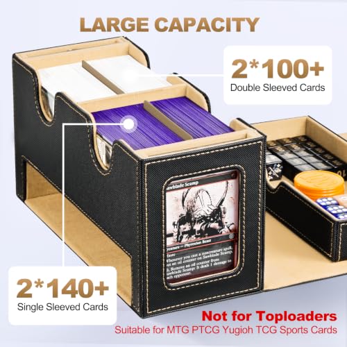 UAONO MTG Deck Box with 2 Commander Display and Dice Tray-Patented Design, Double Deck Box for 280+ Single Sleeved Cards, Leather Magnetic Card Storage Box Fits for TCG CCG Magic Cards (Black&Khaki) | 2 Magnetic Card Holders & 1 Dice Tray, Fits 200 Double
