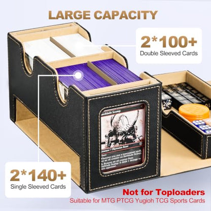 UAONO MTG Deck Box with 2 Commander Display and Dice Tray-Patented Design, Double Deck Box for 280+ Single Sleeved Cards, Leather Magnetic Card Storage Box Fits for TCG CCG Magic Cards (Black&Khaki) | 2 Magnetic Card Holders & 1 Dice Tray, Fits 200 Double