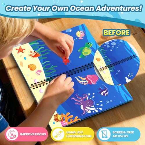 Ocean Reusable Sticker Book for Toddlers, DIY Make-a-face Jelly Stickers | Make A Face & Scene Decoration Play, Washable and Reusable Jelly Stickers, Portable Travel Friendly, Airplane Trip Essentials - style: Ocean