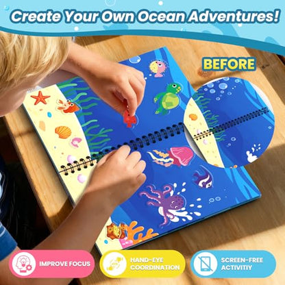 Ocean Reusable Sticker Book for Toddlers, DIY Make-a-face Jelly Stickers | Make A Face & Scene Decoration Play, 57 Washable&Reusable Jelly Stickers, Portable Travel Friendly, Airplane Trip Essentials - style: Ocean