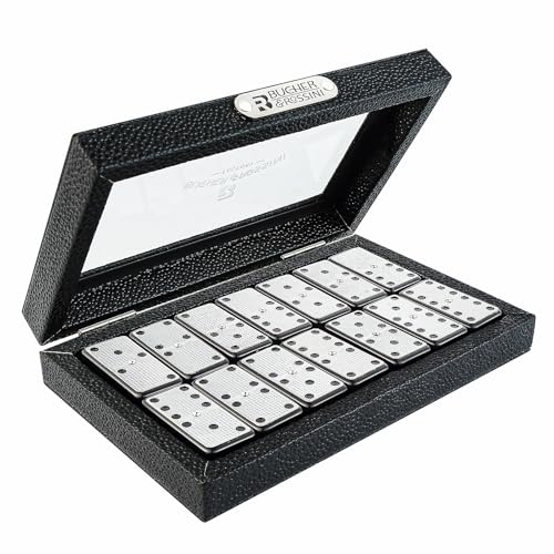 Bucher&Rossini Metal Surface Dominoes Set Double 6 - Classic Black Domino's Game Set with Silver Metal Surface Dominos Set for Adults and Kids Ideal Gift for Domino Players or Family Game Night - color: Silver New - Double 6