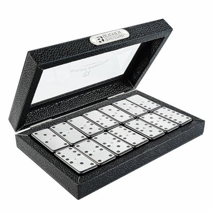Bucher&Rossini Metal Surface Dominoes Set Double 6 - Classic Black Domino's Game Set with Silver Metal Surface Dominos Set for Adults and Kids Ideal Gift for Domino Players or Family Game Night - color: Silver New - Double 6