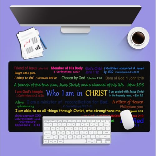 Who I Am in Christ Large Mouse Pad, Colorful Bible Verse Art Black Desk Mat | Keyboard Mat Stitched, 31.5" x 15.8", Christian Scripture, Inspirational Faith Quote, Religious, Identity in Christ - color: Colorful Bible Quotes