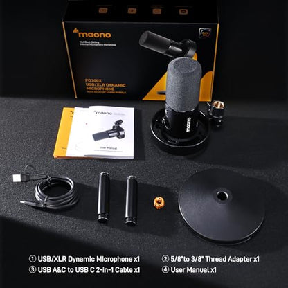 MAONO Dynamic Microphone-XLR USB Podcast Recording Mic: for Vocal Recording, Content Creation, Home Studio, Voiceover, with 192kHz/24bit, Noise Reduction, Mic Gain, Monitoring, Mute (PD300XT)