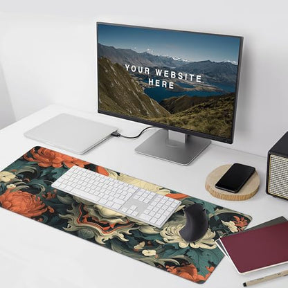 Japanese Mouse Pad, Hannya Mask Desk Mat with Floral Design, XL Gaming Mouse Pad 35.4 x 15.7 Inch, Non-Slip Rubber Base with Stitched Edges for Office and Gaming - color: Green And Gold
