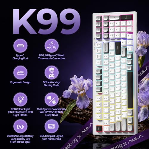 LEOBOG x Aula Wireless Keyboard 98 Keys Membrane Computer Keyboards | Silent Keyboard, 2000mAh Creamy Keyboard with Number Pad, Tri-Mode BT/2.4GHz/USB-C Connection for PC MAC Office Dorm Rooms - color: Black & White & Grey