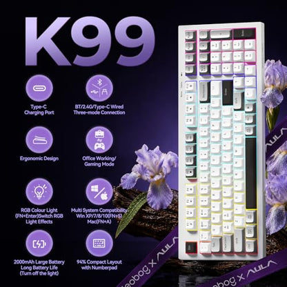 LEOBOG x Aula Wireless Keyboard 98 Keys Membrane Computer Keyboards | Silent Keyboard, 2000mAh Creamy Keyboard with Number Pad, Tri-Mode BT/2.4GHz/USB-C Connection for PC MAC Office Dorm Rooms - color: Black & White & Grey