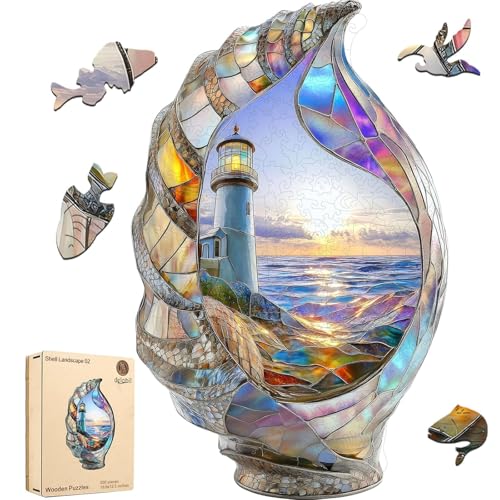 Delobil Lighthouse Wooden Puzzles for Adults, Shell Landscape Jigsaw Puzzles 500 Pieces, Unique Shape Puzzles for Adults and Kids, 19.8 x 12.5 Inches Medium Size, Fun Challenging Puzzles Family Game - color: Shell Landscape 02, size: 500Pcs