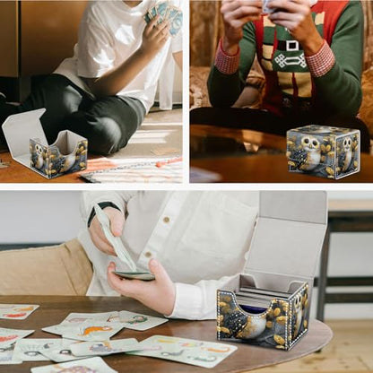 Magnetic Closure TCG Deck Box Portable Card Holder Trading Card Deck Box | PU Leather Collectible Card Case Game Trading Card Deck Box Storage Scratch Resistant Lining, Cute Owl And Golden Leaves - color: Cute Owl And Golden Leaves