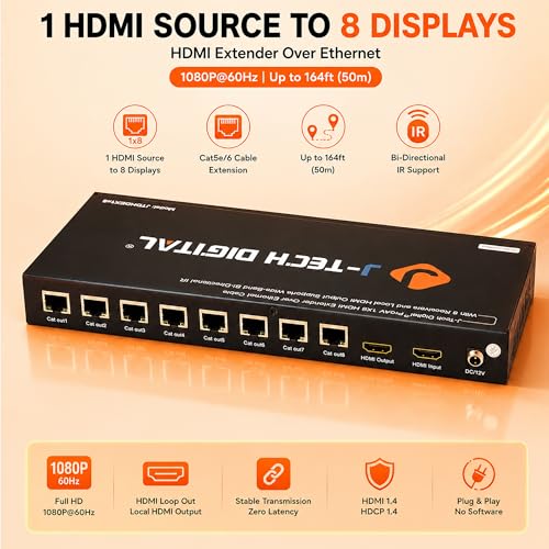 J-Tech Digital ProAV 1X8 HDMI Extender HDMI Amplifier HDMI Splitter Over Ethernet Cable with Bi-Direction IR and EDID Functions (1x8) - size: 1x8
