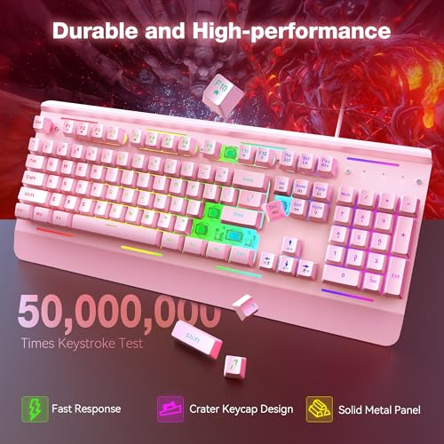 TECKNET Wired Gaming Keyboard, RGB Backlit Keyboard with Metal Panel Design | 15-Zone RGB Illumination, Whisper Quiet Design, IP32 Water Resistance, 25 Anti-ghosting Keys, Ergonomic Design - color: Pink