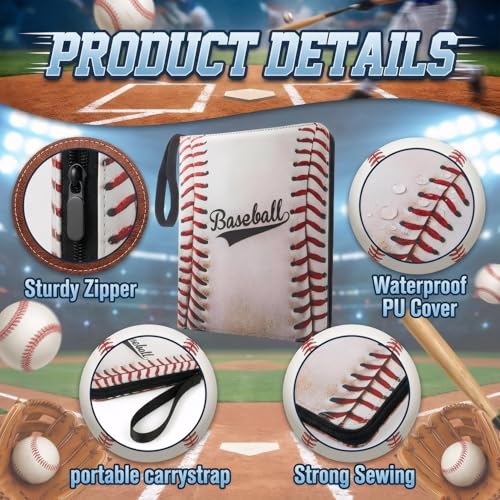 Trading Card Binder 9 Pocket, Retro Baseball Card Binder Holds 900 Cards with 50 Removable Sleeves, Waterproof PU Leather with Zipper Card Collector Album Book Compatible with TCG Cards - color: Retro Baseball