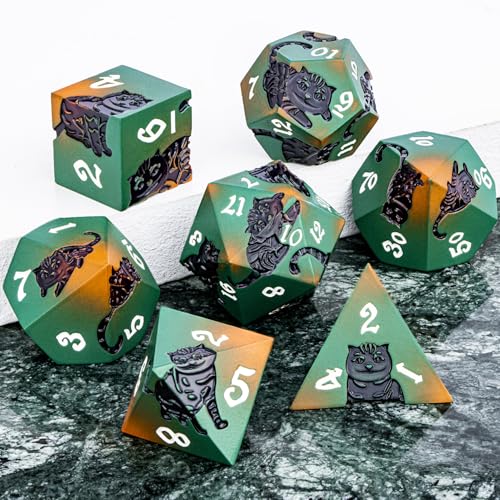 Metal DND Cat Dice 7PCS Polyhedral RPG Dice Set with Gift Case for Dungeons Dragons Role Playing Game, D and D Dice D6 D8 D10 D12 D20 D% (Orange Green) - color: Cat-orange Green&black