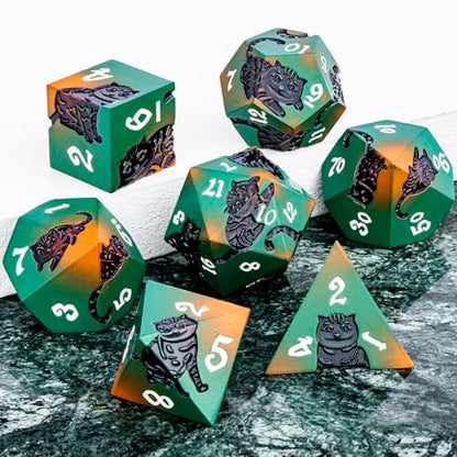 Metal DND Cat Dice 7PCS Polyhedral RPG Dice Set with Gift Case for Dungeons Dragons Role Playing Game, D and D Dice D6 D8 D10 D12 D20 D% (Orange Green) - color: Cat-orange Green&black