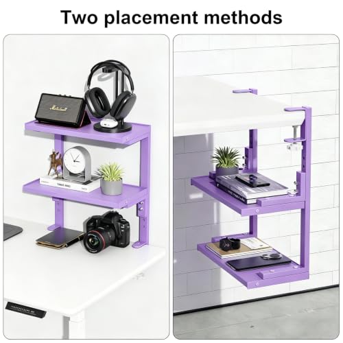2-Tier Desk Shelf, Expandable Under Desk Storage, Clamp on Desk Shelf, Desktop Accessories for Offices, Study Rooms, and Game Rooms (Purple) - color: Purple