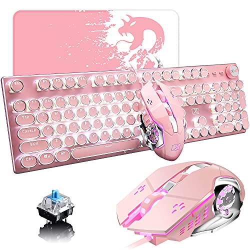 Pink Typewriter Keyboard and Mouse,Retro Vintage Mechanical Gaming Keyboard with White LED Backlit,104 Keys Anti-Ghosting Blue Switch Wired Cute Keyboard,Round Keycaps for Desktop PC/Laptop Mac - color: Pink