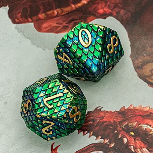 UDIXI Metal Dice Set D&D, 7-Die Dragon Scale Metal DND Dice Set Polyhedral for Role Playing Games and Other Tabletop Game (Green) - color: Dragon Scale-green and Blue